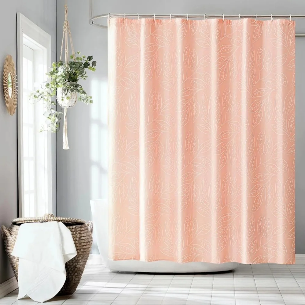Coral Peach Colored Leaves Shower Curtain Set With Hooks